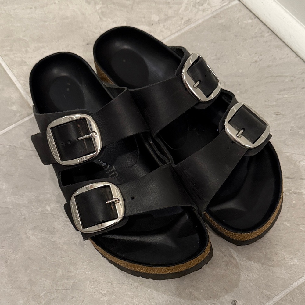 Birkenstock Big Buckle Exquisite Black Arizona Sandals, Silver Buckles, Size 40
